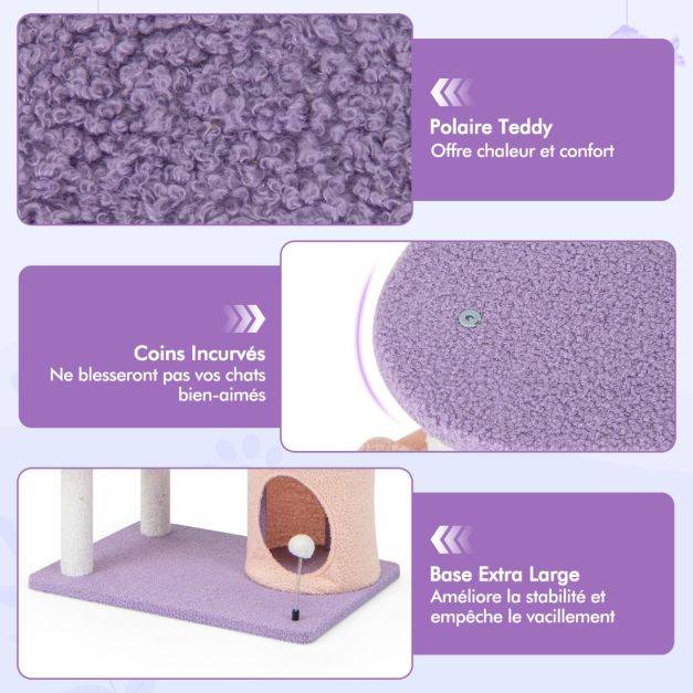 Helloshop26 - Arbre à chat tour à plusieurs niveaux de 167 cm griffoirs recouverts de sisal plate-forme en forme d'avion perchoir en peluche en sisal violet - Image 2