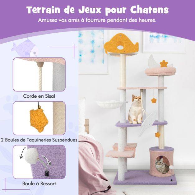 Helloshop26 - Arbre à chat tour à plusieurs niveaux de 167 cm griffoirs recouverts de sisal plate-forme en forme d'avion perchoir en peluche en sisal violet - Image 3