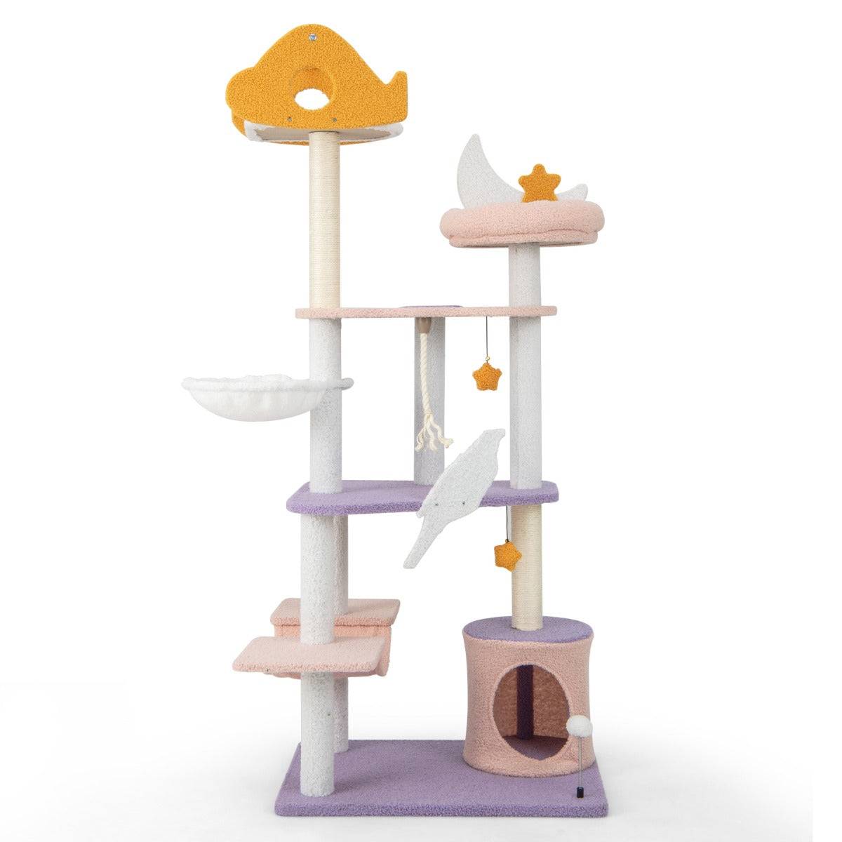 Helloshop26 - Arbre à chat tour à plusieurs niveaux de 167 cm griffoirs recouverts de sisal plate-forme en forme d'avion perchoir en peluche en sisal violet - Image 1