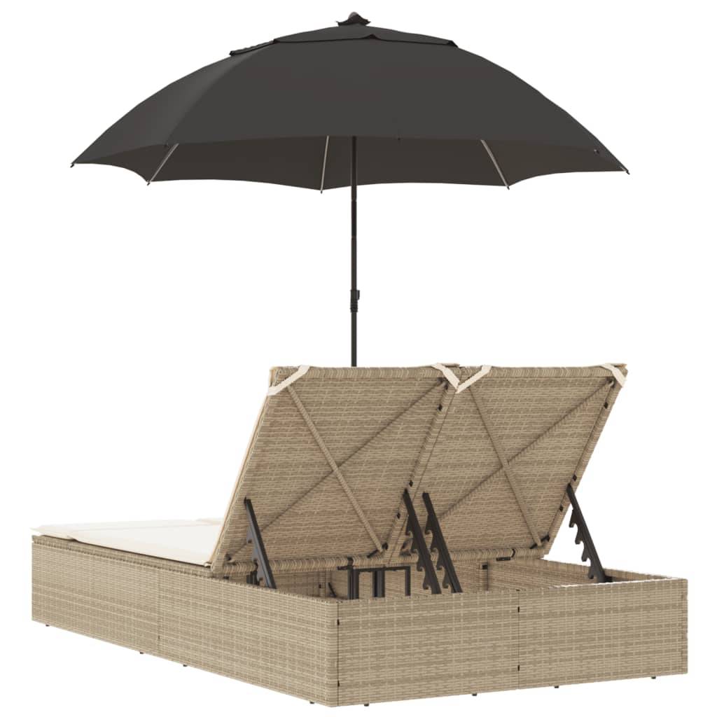 Chaise longue | Transat | Bain de soleil double avec coussins et parasol beige poly rotin - Image 6