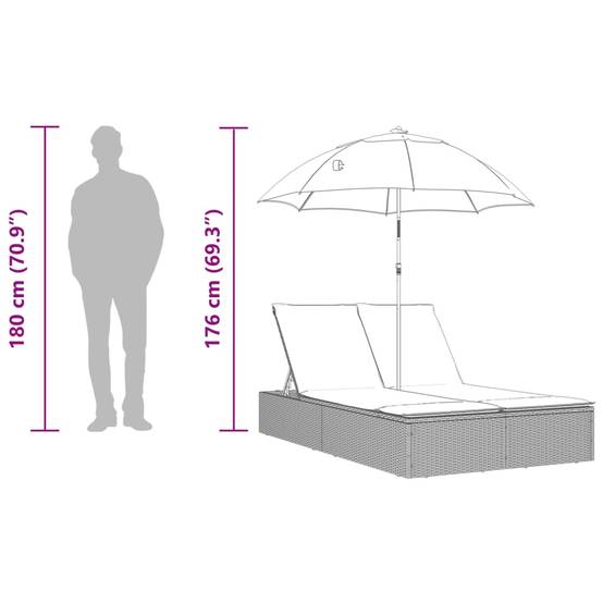 Chaise longue | Transat | Bain de soleil double avec coussins et parasol beige poly rotin - Image 10