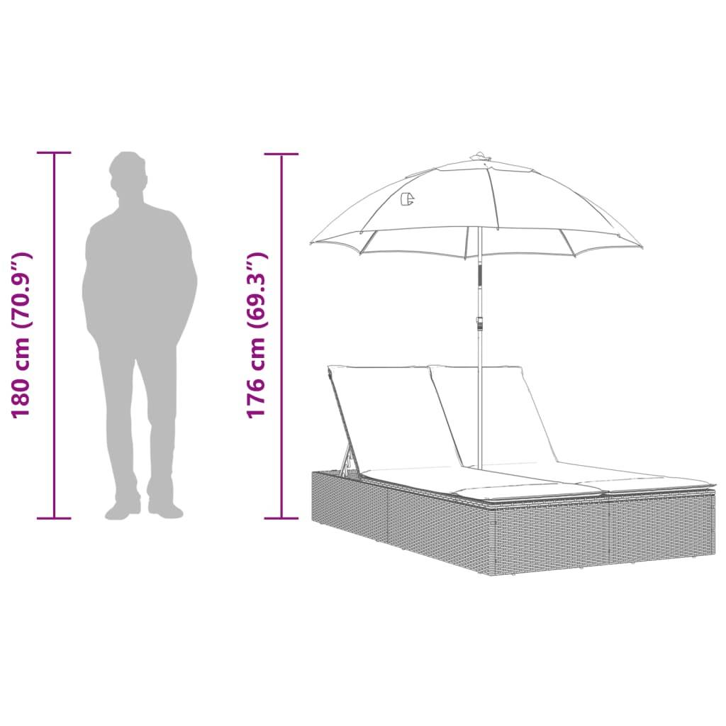 Chaise longue | Transat | Bain de soleil double avec coussins et parasol beige poly rotin - Image 10