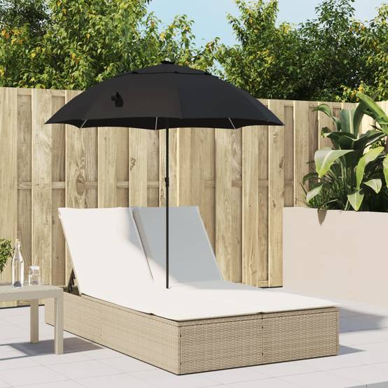 Chaise longue | Transat | Bain de soleil double avec coussins et parasol beige poly rotin - Image 2