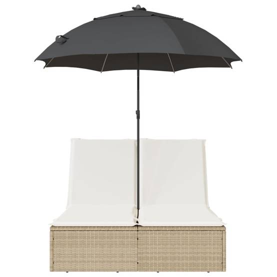 Chaise longue | Transat | Bain de soleil double avec coussins et parasol beige poly rotin - Image 4