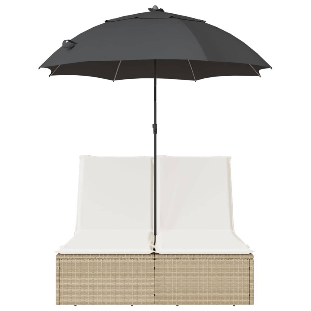 Chaise longue | Transat | Bain de soleil double avec coussins et parasol beige poly rotin - Image 4