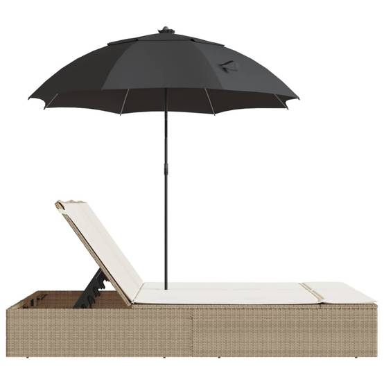Chaise longue | Transat | Bain de soleil double avec coussins et parasol beige poly rotin - Image 5