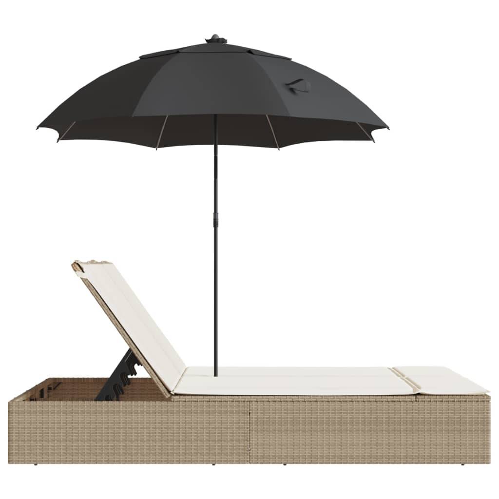 Chaise longue | Transat | Bain de soleil double avec coussins et parasol beige poly rotin - Image 5