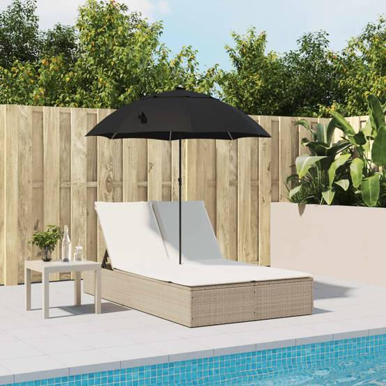 Chaise longue | Transat | Bain de soleil double avec coussins et parasol beige poly rotin - Image 3