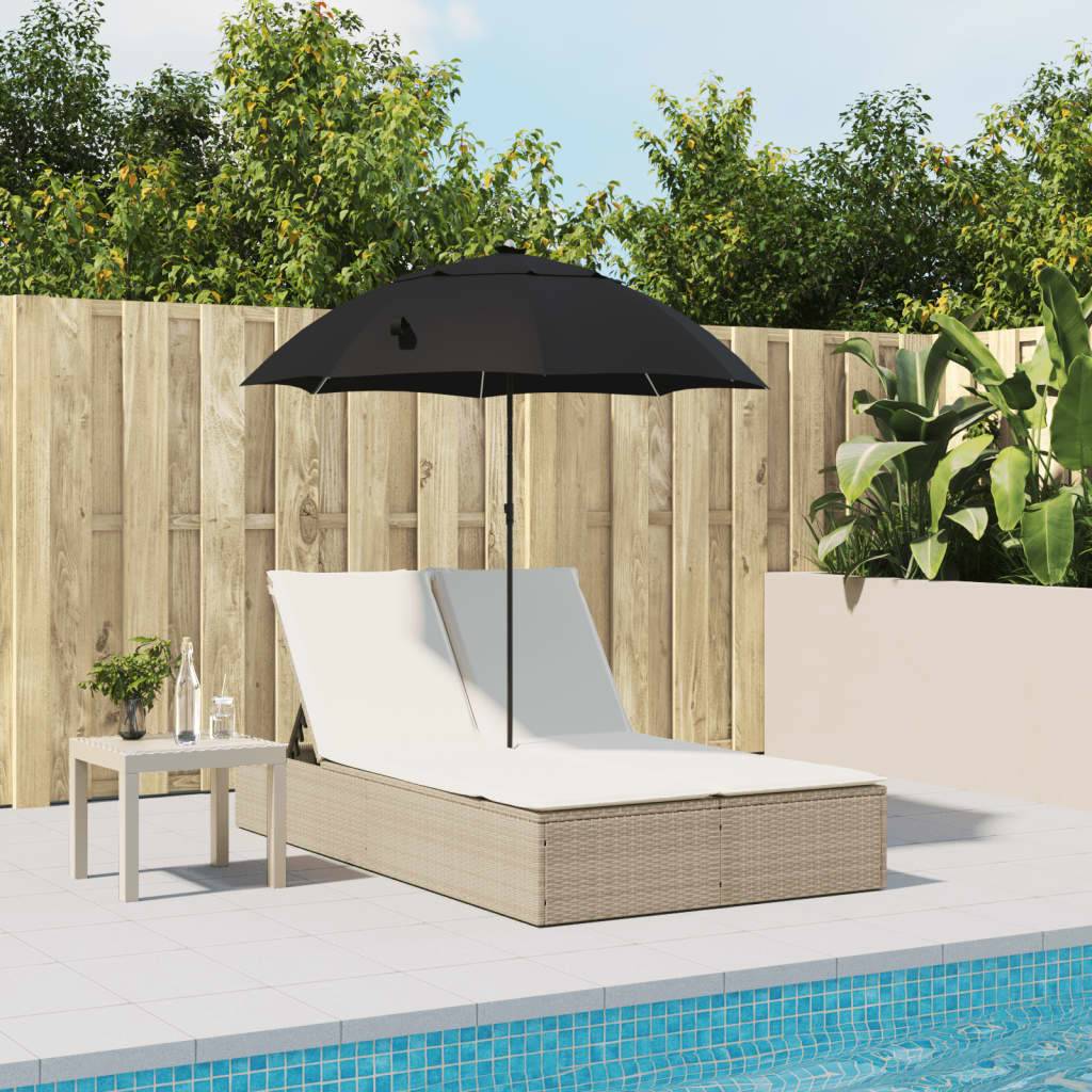 Chaise longue | Transat | Bain de soleil double avec coussins et parasol beige poly rotin - Image 3