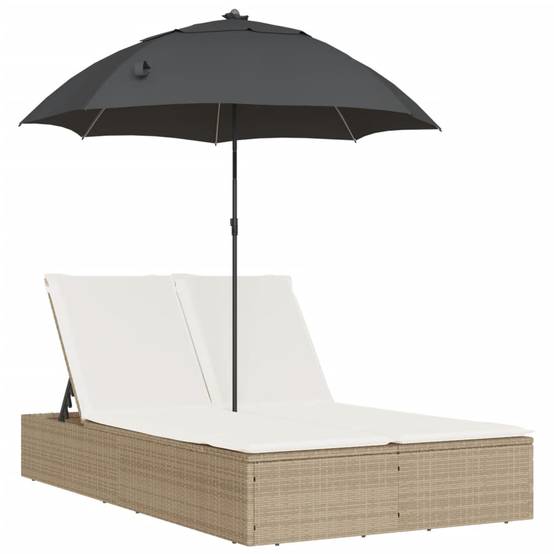 Chaise longue | Transat | Bain de soleil double avec coussins et parasol beige poly rotin - Image 1