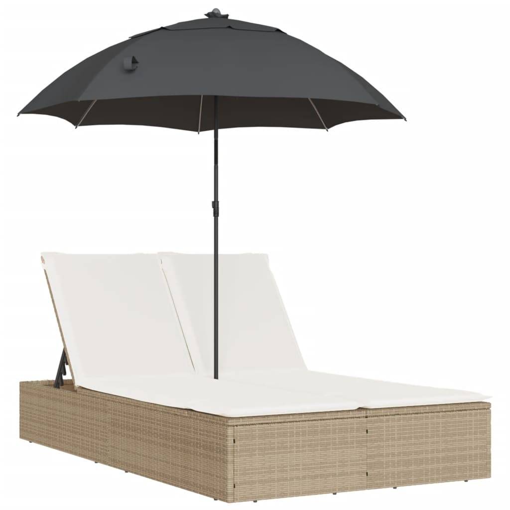 Chaise longue | Transat | Bain de soleil double avec coussins et parasol beige poly rotin - Image 1