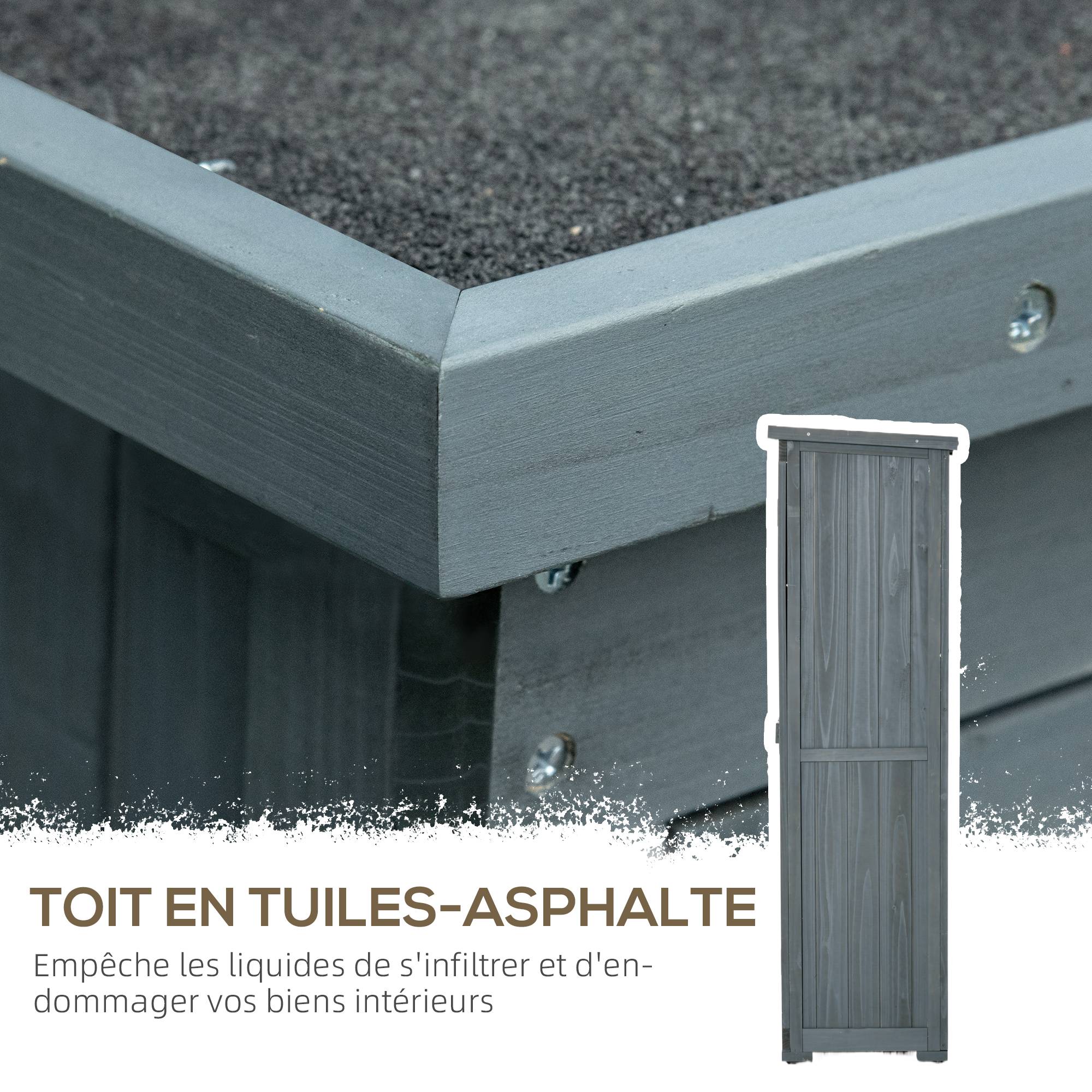 Armoire de jardin remise pour outils en bois 2 étagères toit bitumé portes persiennes 87 x 47 x 160 gris - Image 7