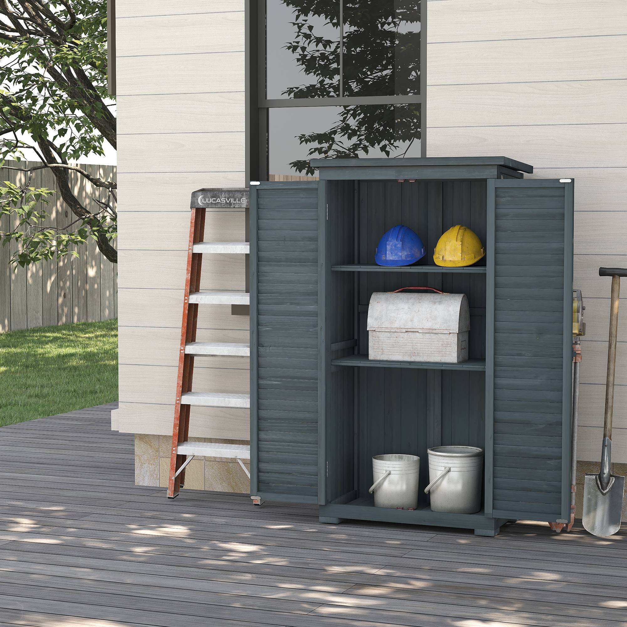 Armoire de jardin remise pour outils en bois 2 étagères toit bitumé portes persiennes 87 x 47 x 160 gris - Image 3