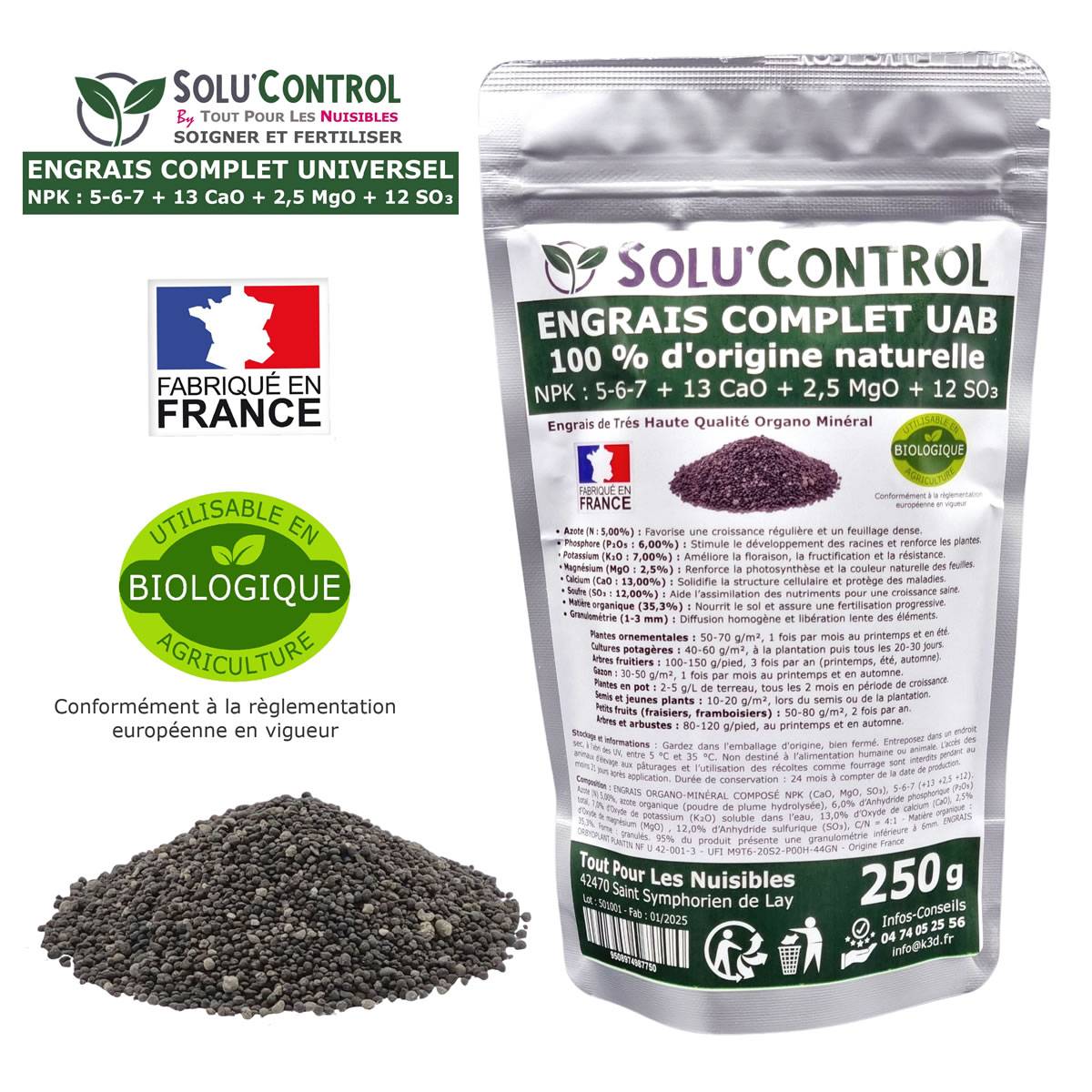SOLU’CONTROL - 250 g d'ENGRAIS COMPLET universel et équilibré - SoluControl - UAB - Utilisable en Agriculture Biologique - Image 2