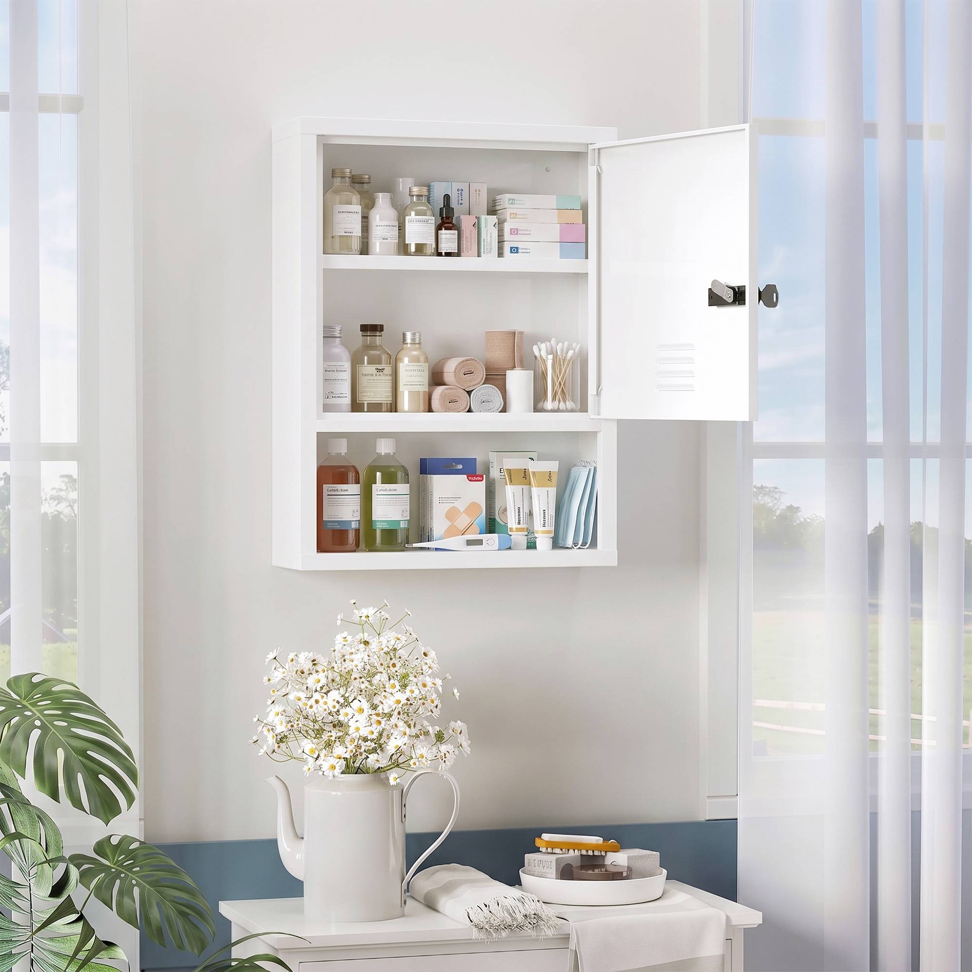 Sans Marque - Armoire pharmacie murale serrure combinaison clé 3 niveaux verrouillable blanche - Image 3