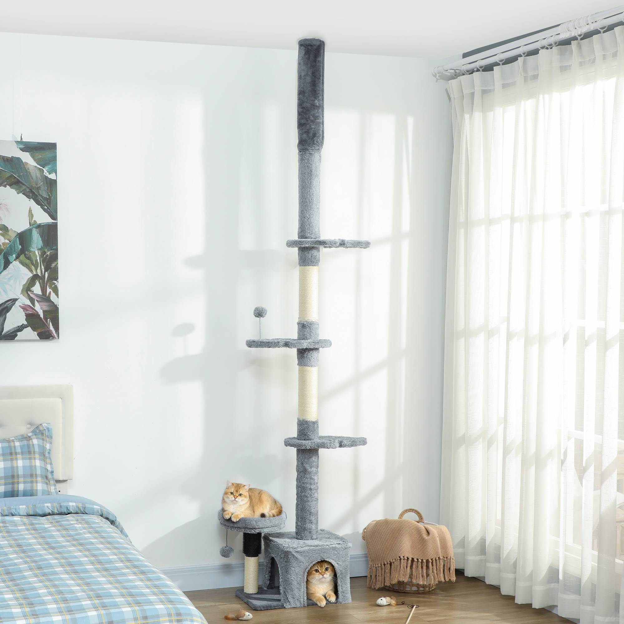 Arbre à chat plafond sisal et peluche gris 48 x 30 x 225-255 cm - PANGIVO - Image 4