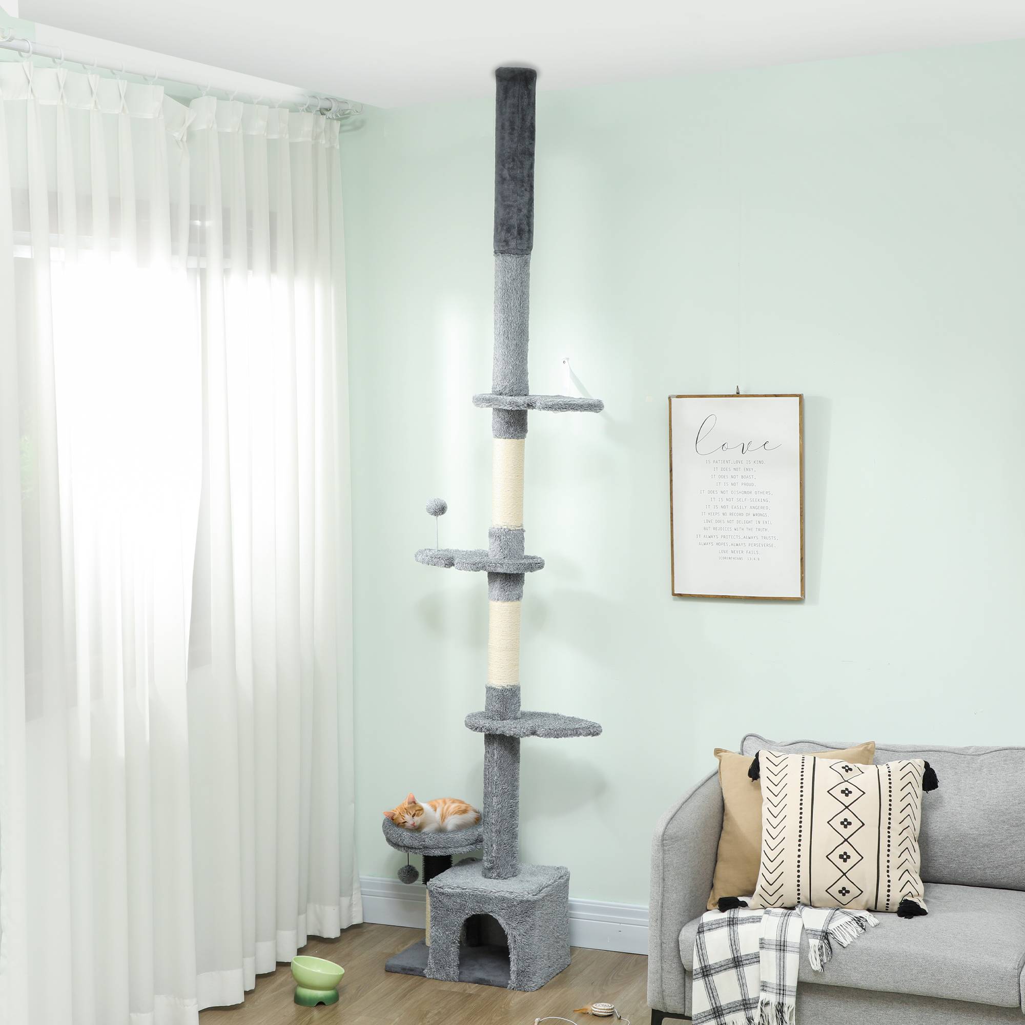 Arbre à chat plafond sisal et peluche gris 48 x 30 x 225-255 cm - PANGIVO - Image 3