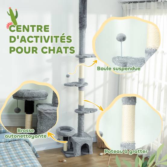 Arbre à chat plafond sisal et peluche gris 48 x 30 x 225-255 cm - PANGIVO - Image 7
