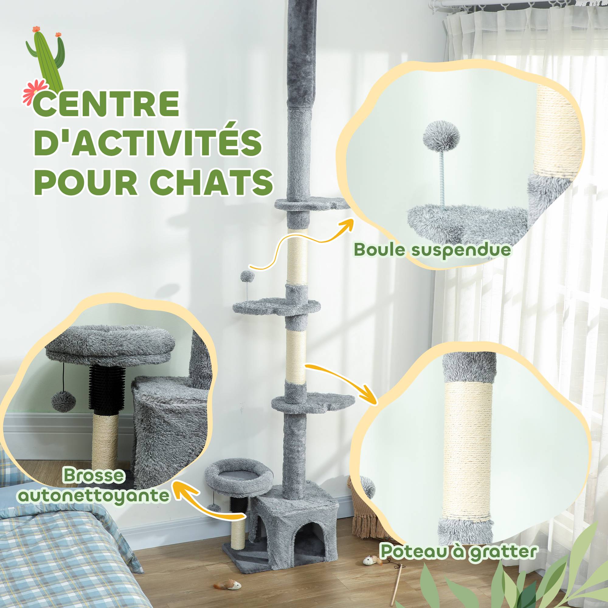 Arbre à chat plafond sisal et peluche gris 48 x 30 x 225-255 cm - PANGIVO - Image 7