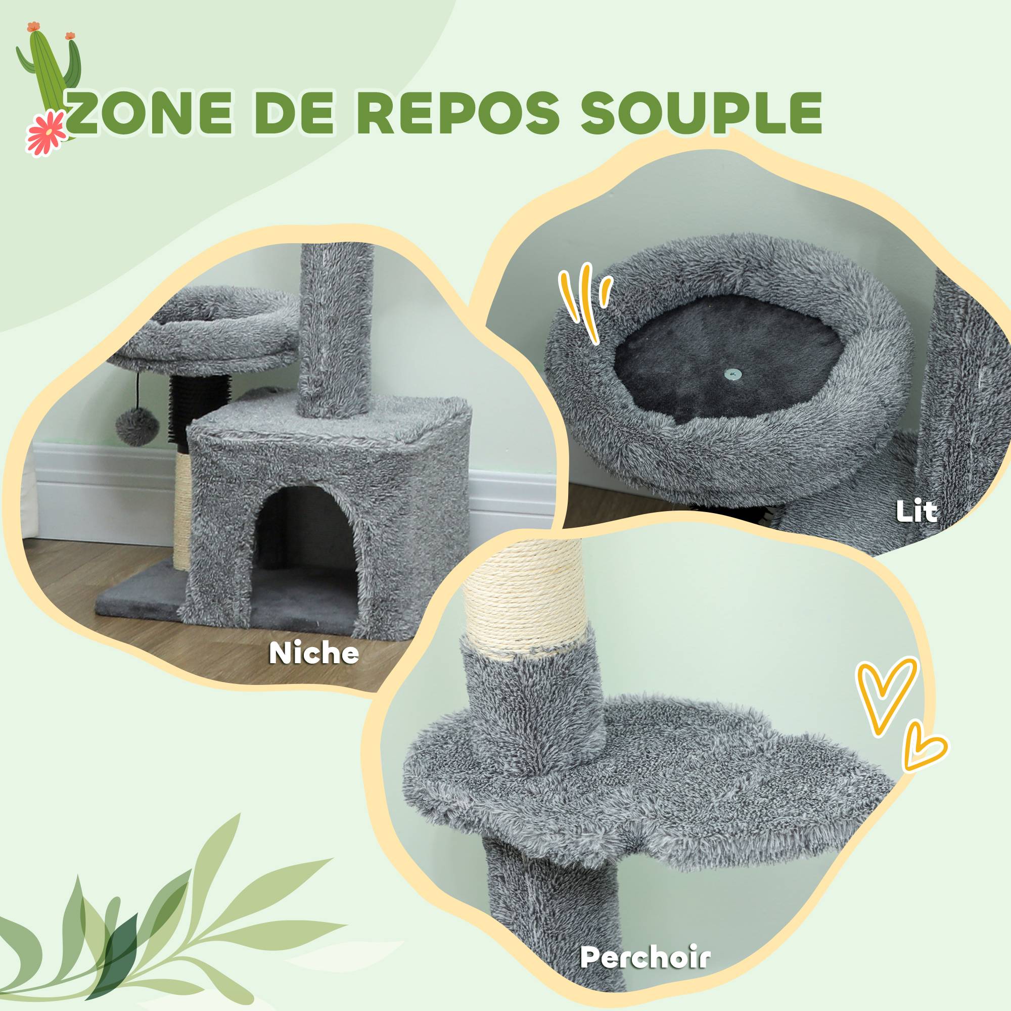 Arbre à chat plafond sisal et peluche gris 48 x 30 x 225-255 cm - PANGIVO - Image 9