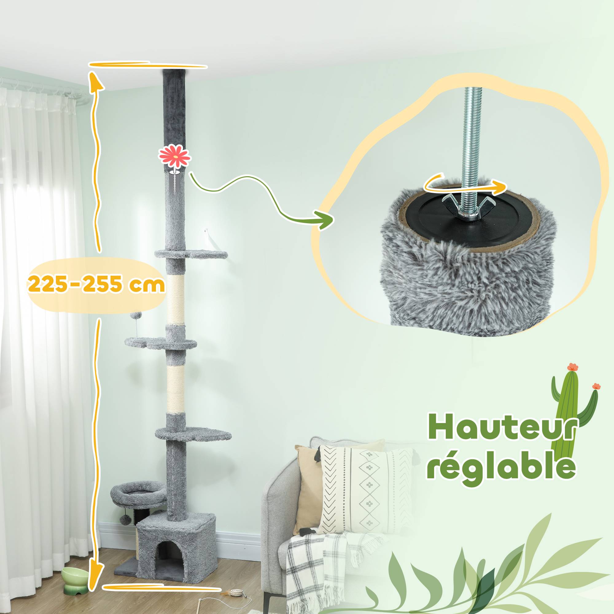 Arbre à chat plafond sisal et peluche gris 48 x 30 x 225-255 cm - PANGIVO - Image 6