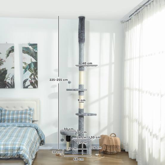 Arbre à chat plafond sisal et peluche gris 48 x 30 x 225-255 cm - PANGIVO - Image 5
