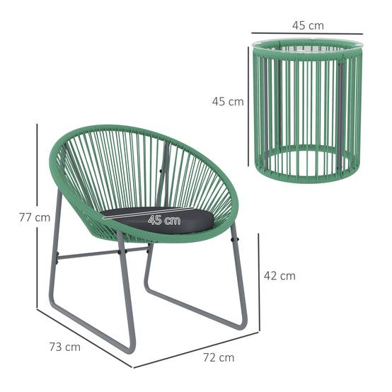 Salon de Jardin Filaire Polyrotin 3 Pièces Balcon Terrasse Vert - ComfortXL Outdoor Living - Image 3