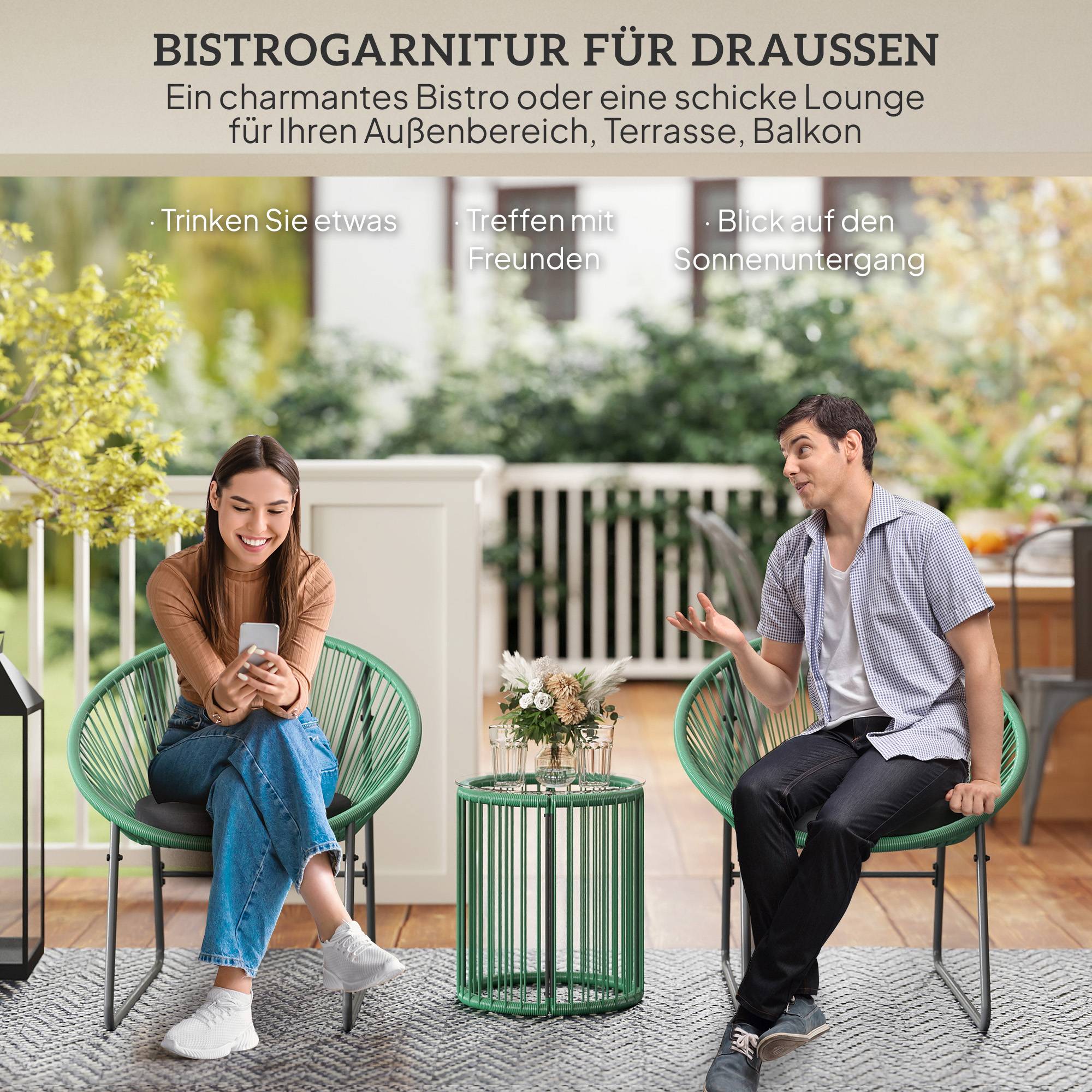 Salon de Jardin Filaire Polyrotin 3 Pièces Balcon Terrasse Vert - ComfortXL Outdoor Living - Image 4