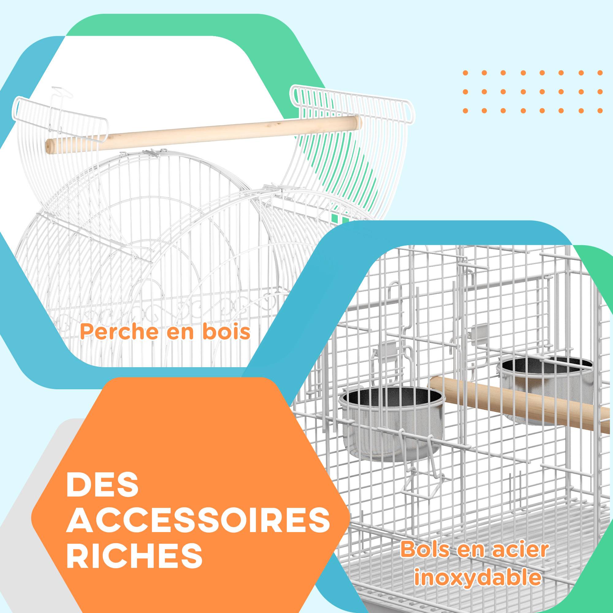 Sans Marque - Cage à oiseaux sur roulettes avec étagère plateau amovible 2 bols perchoir acier inoxydable 51 x 51 x 153 cm blanc - Image 9