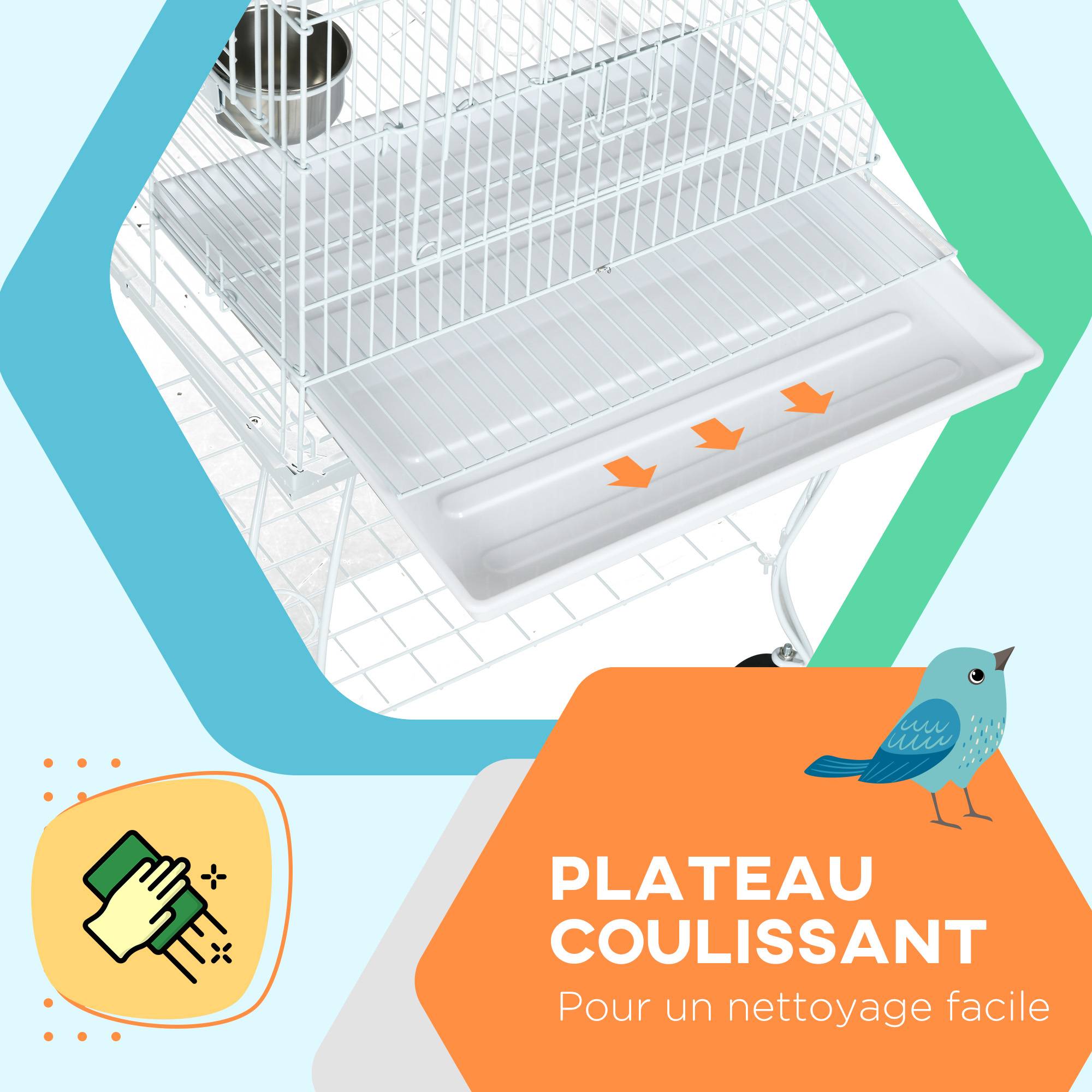Sans Marque - Cage à oiseaux sur roulettes avec étagère plateau amovible 2 bols perchoir acier inoxydable 51 x 51 x 153 cm blanc - Image 7