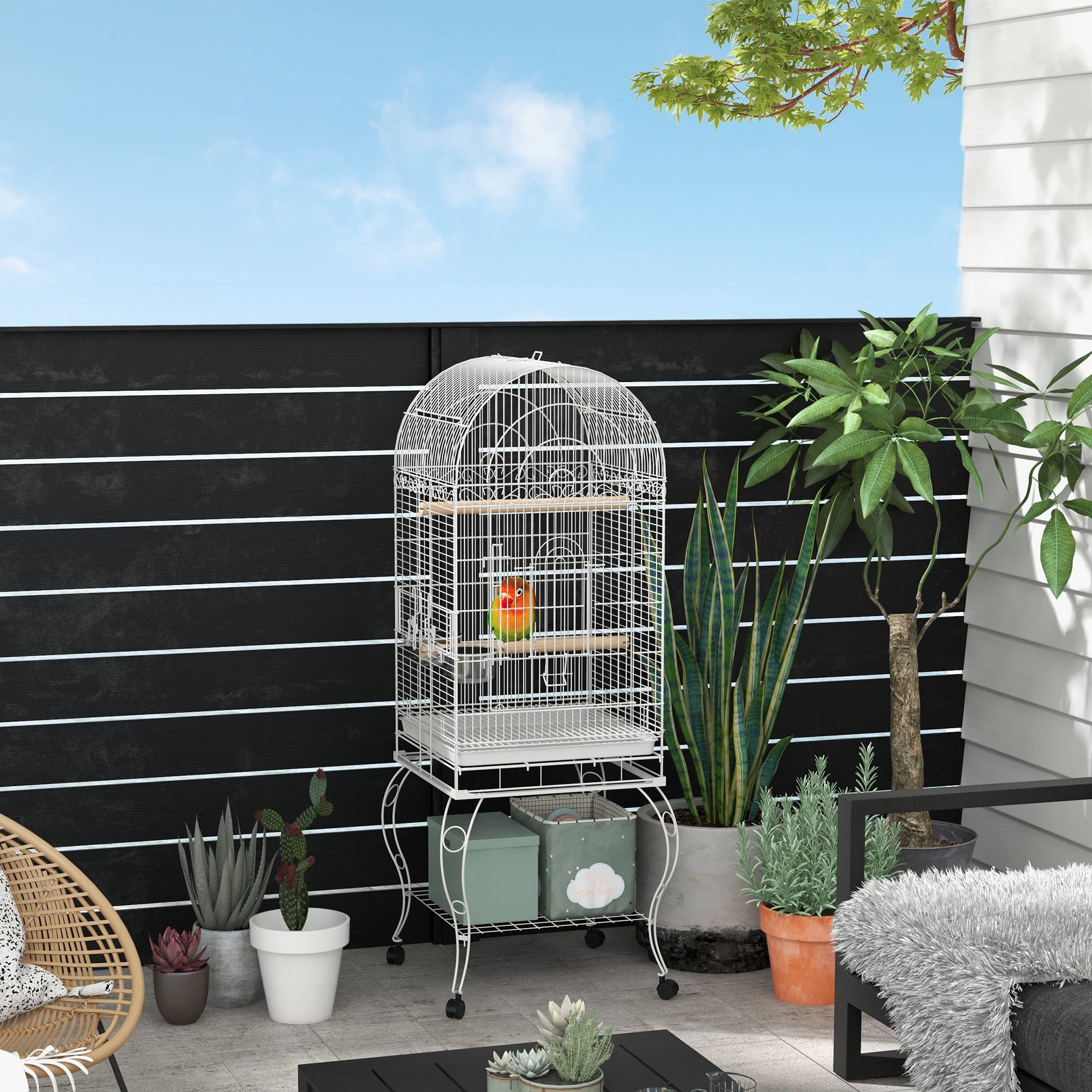 Sans Marque - Cage à oiseaux sur roulettes avec étagère plateau amovible 2 bols perchoir acier inoxydable 51 x 51 x 153 cm blanc - Image 4