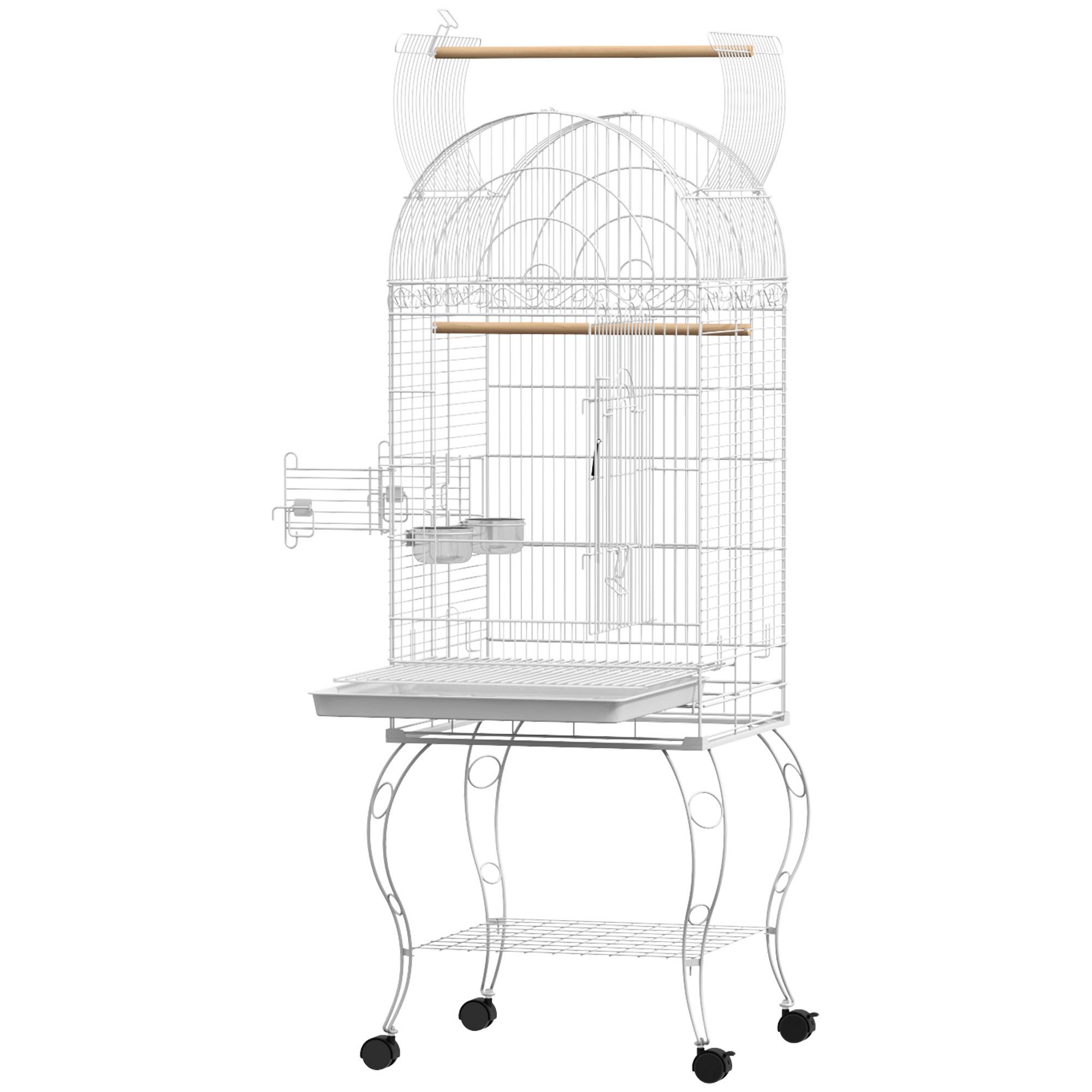 Sans Marque - Cage à oiseaux sur roulettes avec étagère plateau amovible 2 bols perchoir acier inoxydable 51 x 51 x 153 cm blanc - Image 2