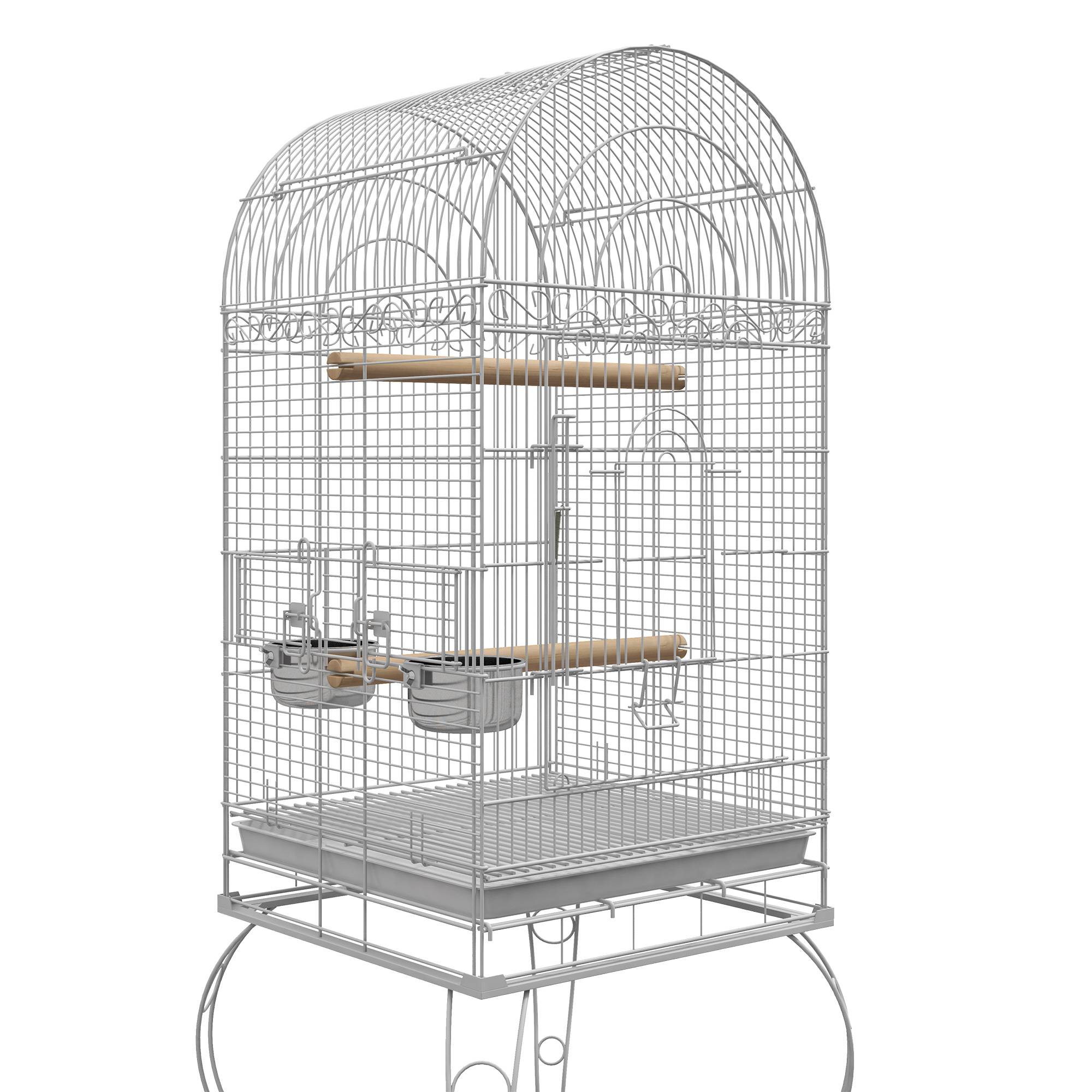 Sans Marque - Cage à oiseaux sur roulettes avec étagère plateau amovible 2 bols perchoir acier inoxydable 51 x 51 x 153 cm blanc - Image 10
