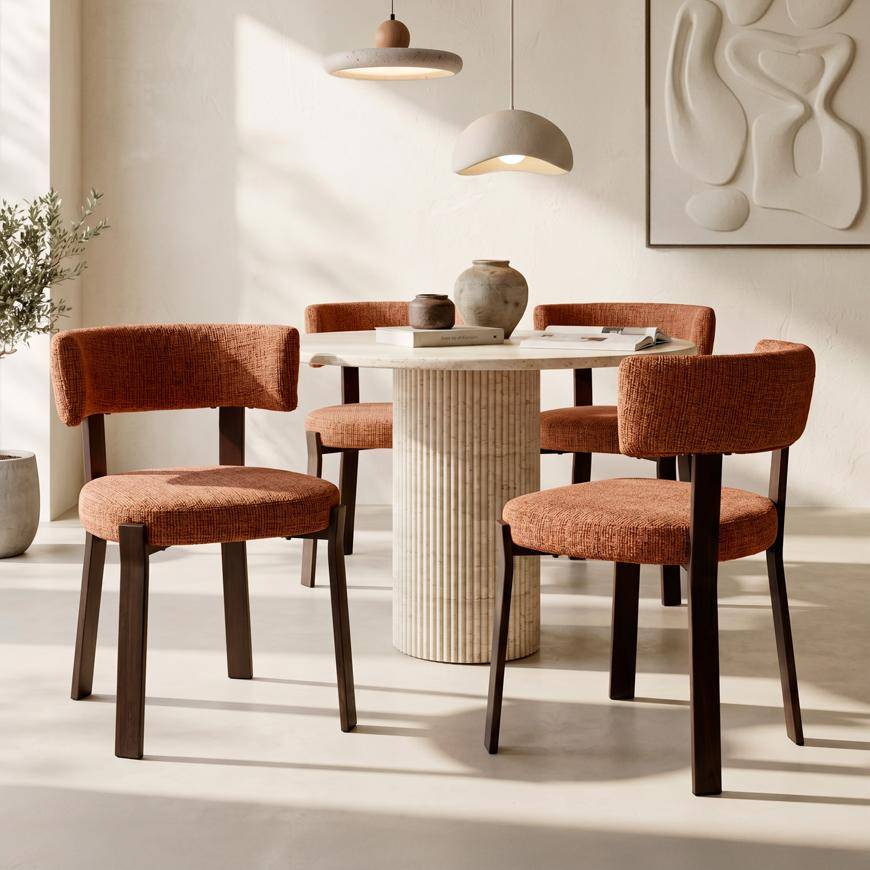 Sicaan Lot de 4 chaises style japandi tissu chenille terracotta pieds métal effet noyer - ZOE