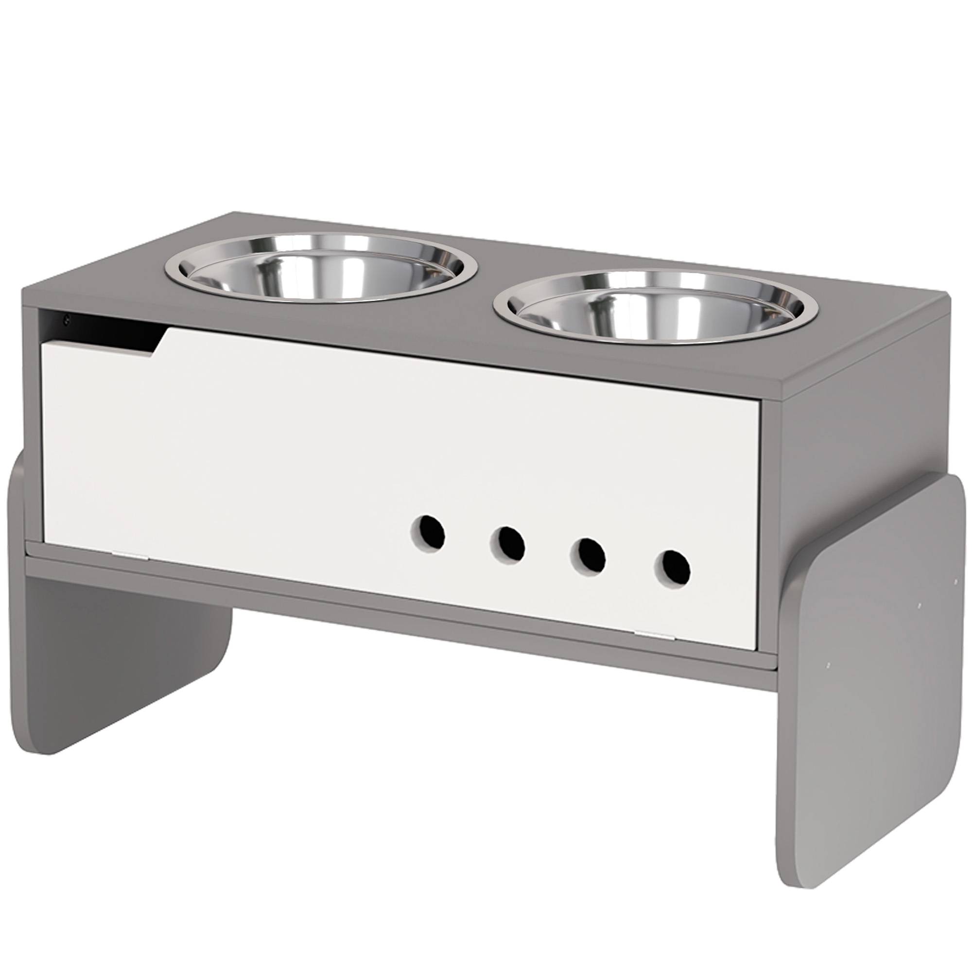 Station d'alimentation surélevée pour chiens, avec espace de rangement et tapis anti-avalement, 2 gamelles de 2000 ml en acier inoxydable, grise - Image 2