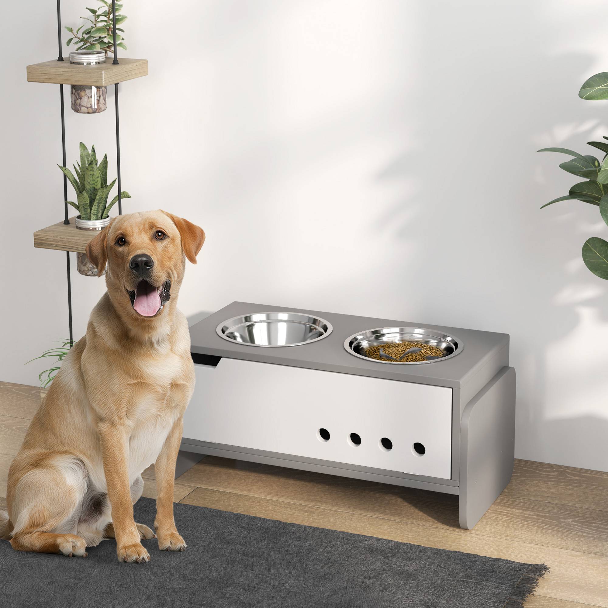 Station d'alimentation surélevée pour chiens, avec espace de rangement et tapis anti-avalement, 2 gamelles de 2000 ml en acier inoxydable, grise - Image 3