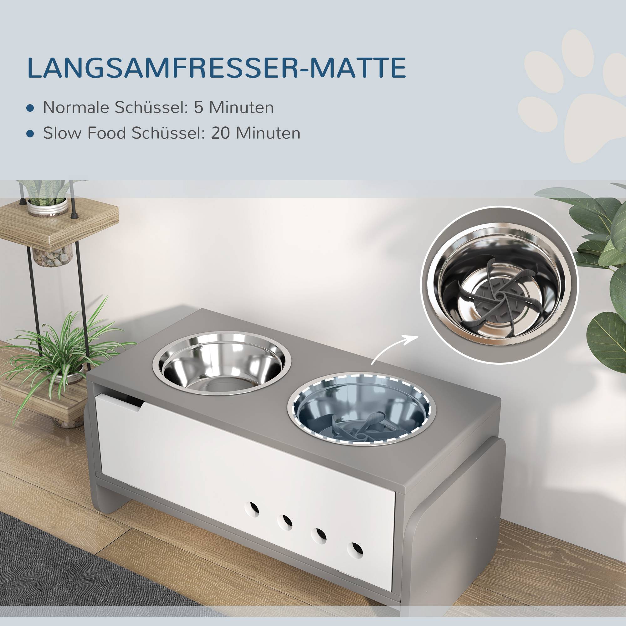Station d'alimentation surélevée pour chiens, avec espace de rangement et tapis anti-avalement, 2 gamelles de 2000 ml en acier inoxydable, grise - Image 7