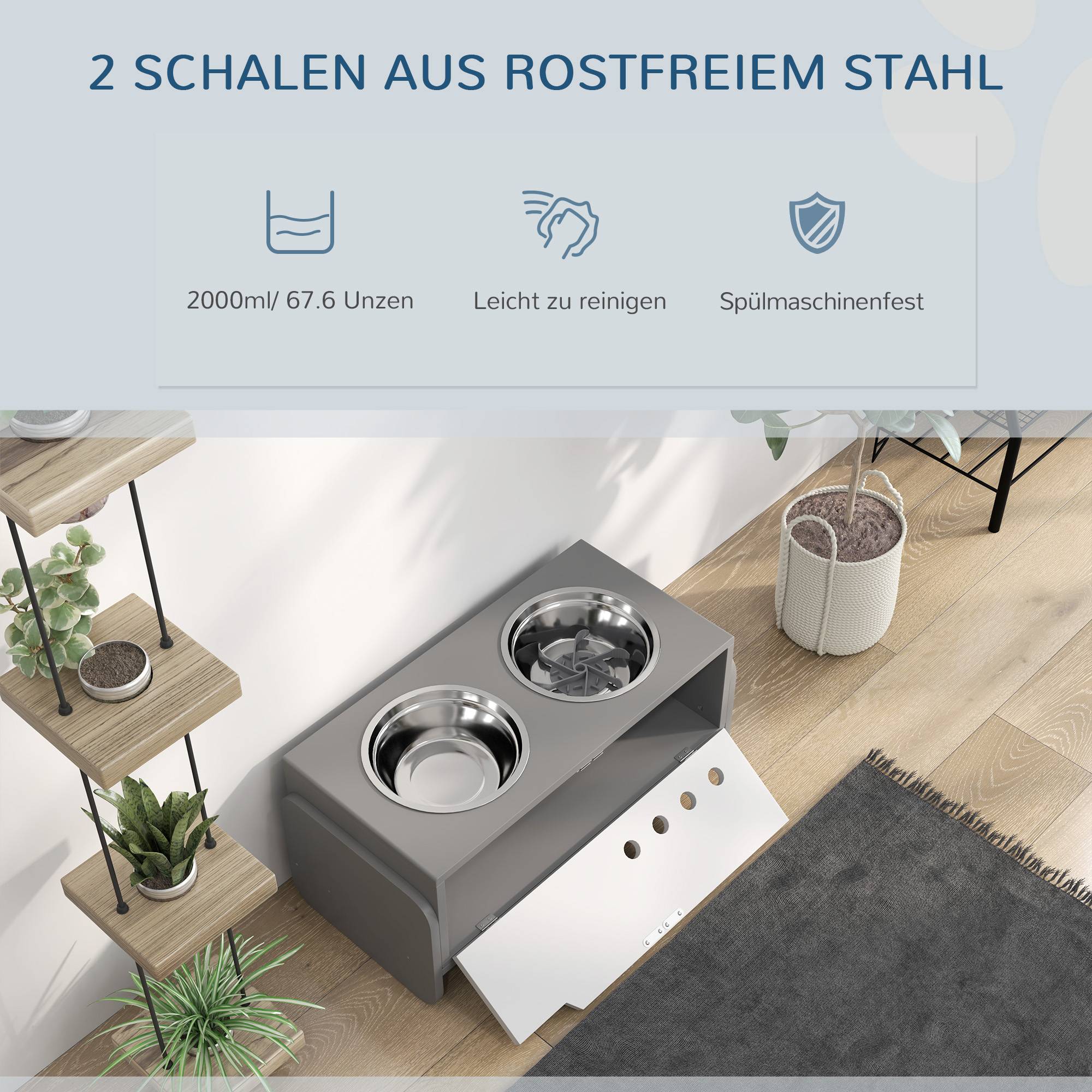 Station d'alimentation surélevée pour chiens, avec espace de rangement et tapis anti-avalement, 2 gamelles de 2000 ml en acier inoxydable, grise - Image 9