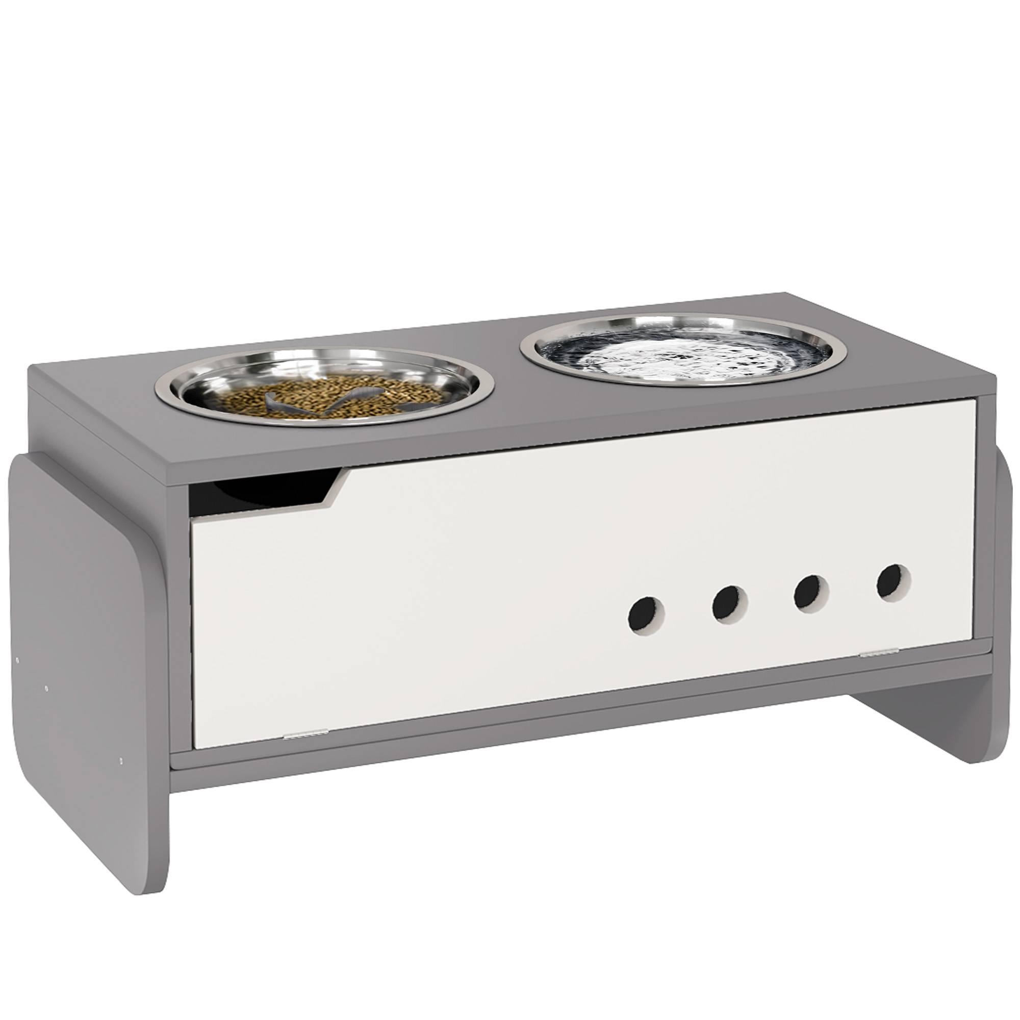 Station d'alimentation surélevée pour chiens, avec espace de rangement et tapis anti-avalement, 2 gamelles de 2000 ml en acier inoxydable, grise - Image 1