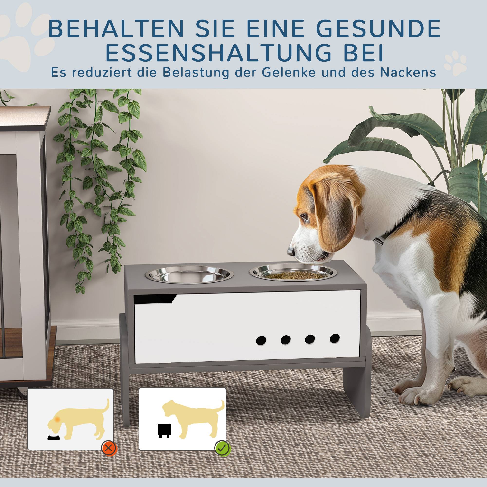 Station d'alimentation surélevée pour chiens, avec espace de rangement et tapis anti-avalement, 2 gamelles de 2000 ml en acier inoxydable, grise - Image 6