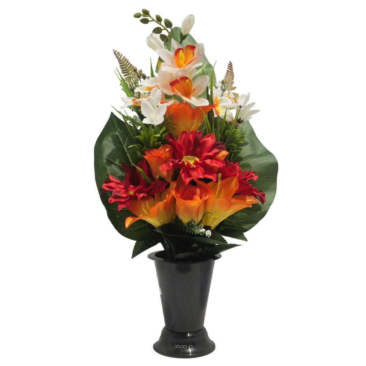 Artificielles - Pot Cone de fleurs artificielles Rose, Lys, Gerbera et Orchidée Orange pour la Toussaint - couleur: Orange - Image 1