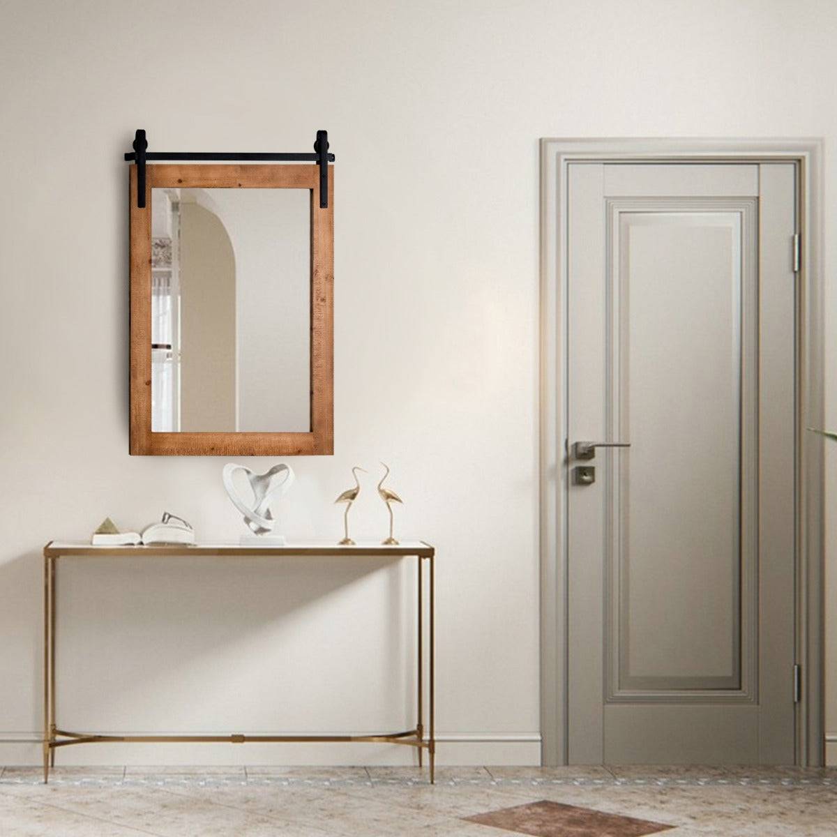 Helloshop26 - Miroir mural rustique avec cadre en bois massif et support en métal 76 x 56 cm miroir décoratif de style porte de grange rectangulaire marron - Image 2