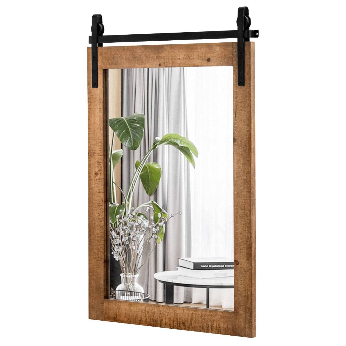 Helloshop26 - Miroir mural rustique avec cadre en bois massif et support en métal 76 x 56 cm miroir décoratif de style porte de grange rectangulaire marron - Image 1