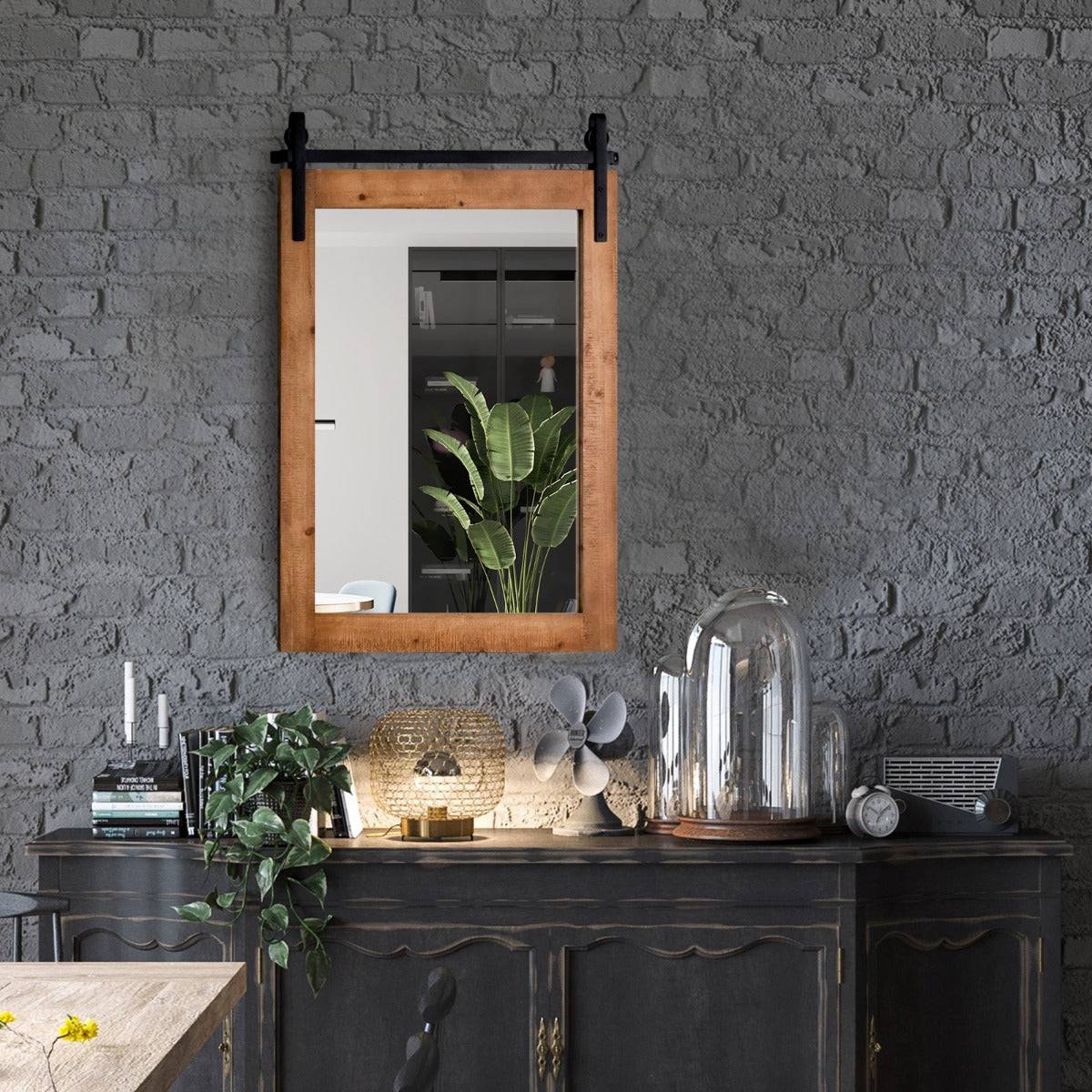 Helloshop26 - Miroir mural rustique avec cadre en bois massif et support en métal 76 x 56 cm miroir décoratif de style porte de grange rectangulaire marron - Image 3