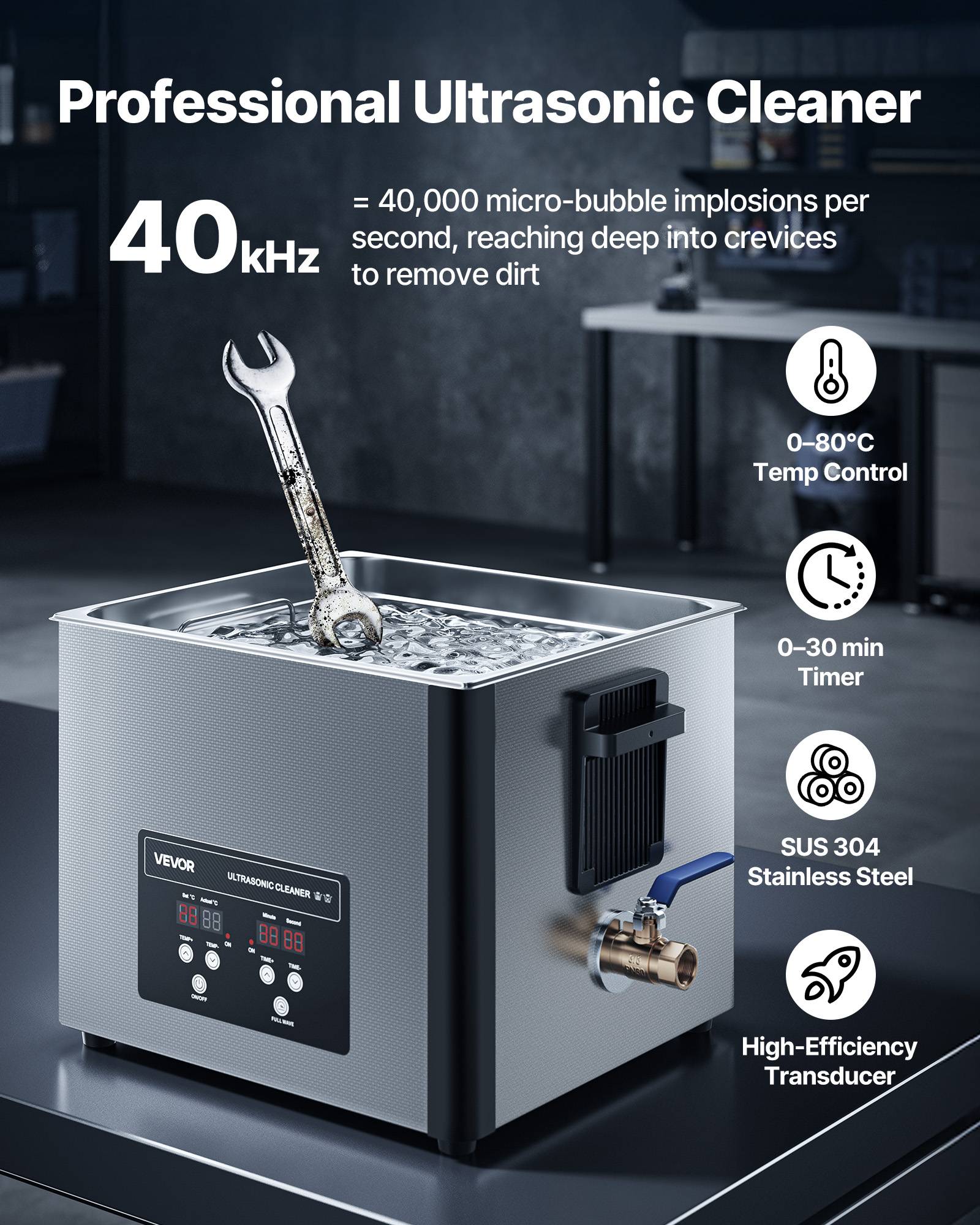 Vevor - VEVOR Nettoyeur à ultrasons 15 L, 240 W ultrasonique 40 kHz, panier inox et affichage numérique, pour bijoux montres lunettes et pièces - Image 2
