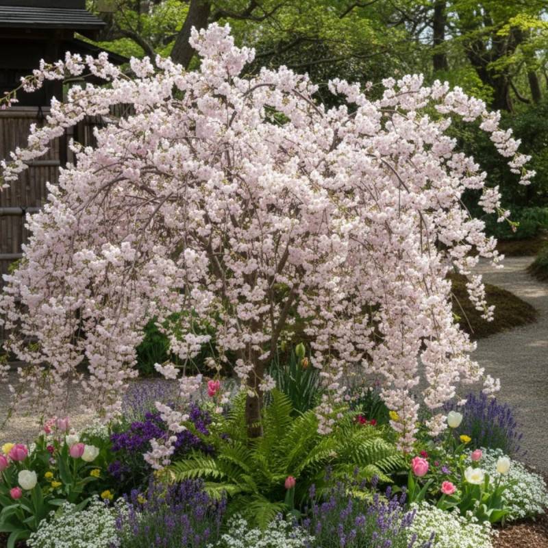 Cerisier du Japon Nain Kojo No Mai, Cerisier à fleurs à fleurs Rose/Blanche - feuillage Caduc - Pot de 7,5L - 60/80 cm - Image 2