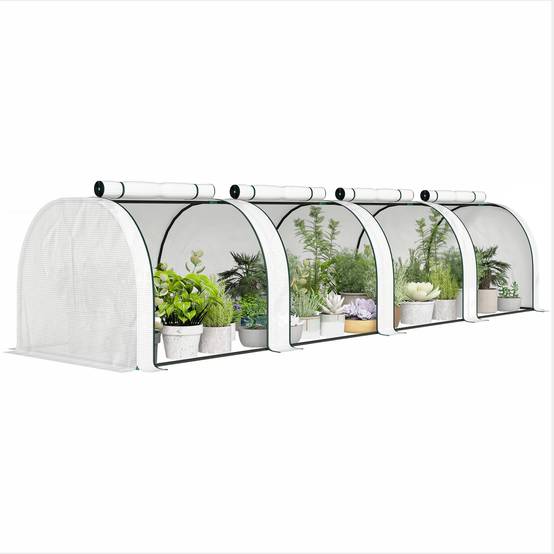 Mini serre de jardin serre à tomates 4 x 1 x 0,80 m acier PE anti-UV 4 portes avec zip enroulables blanc - Image 1
