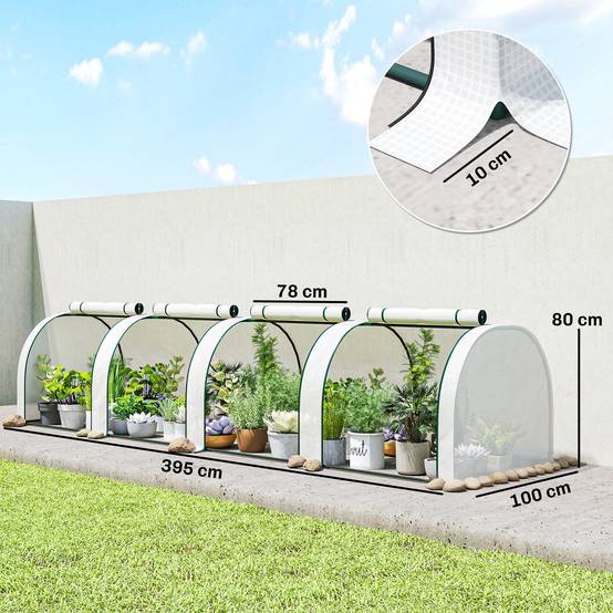 Mini serre de jardin serre à tomates 4 x 1 x 0,80 m acier PE anti-UV 4 portes avec zip enroulables blanc - Image 5