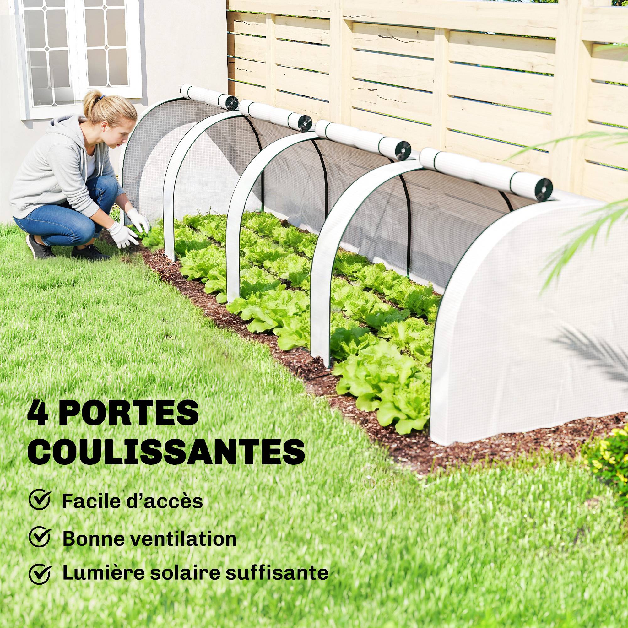 Mini serre de jardin serre à tomates 4 x 1 x 0,80 m acier PE anti-UV 4 portes avec zip enroulables blanc - Image 8
