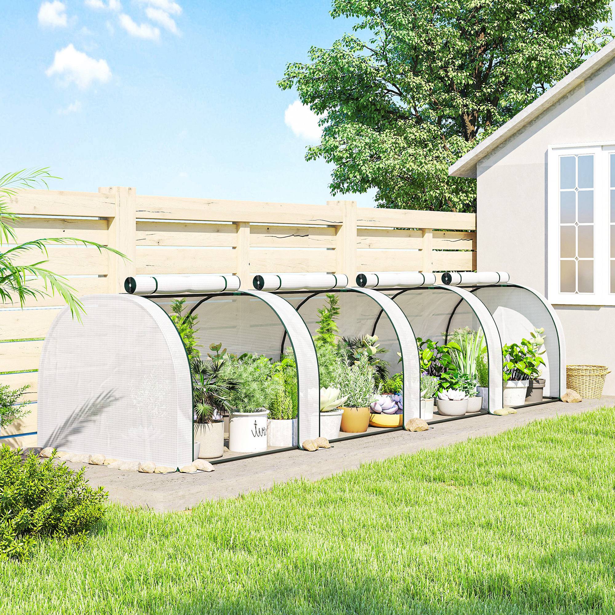 Mini serre de jardin serre à tomates 4 x 1 x 0,80 m acier PE anti-UV 4 portes avec zip enroulables blanc - Image 4